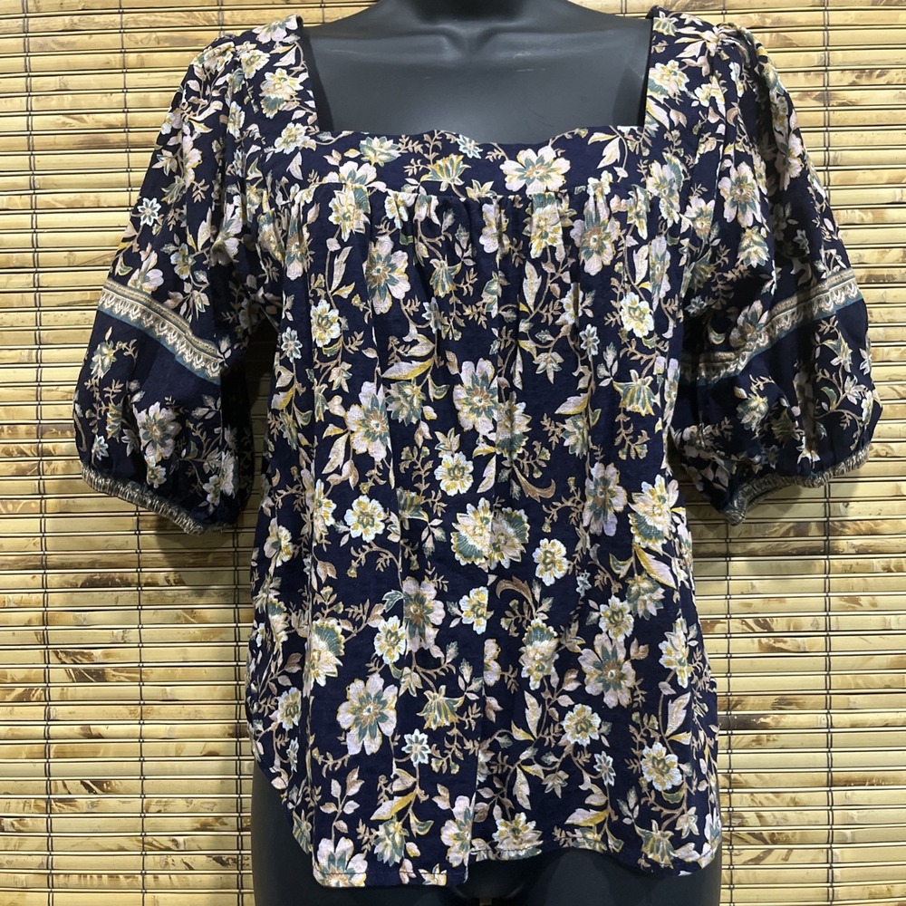 Roan + Ryan Navy Floral Puff Sleeve Square Neck Boho Blouse S Peasant‎ Romantic